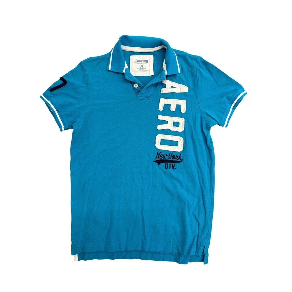 Aeropostale Mens Blue Short Sleeve Aero Logo Polo Shirt Large New York DIV L